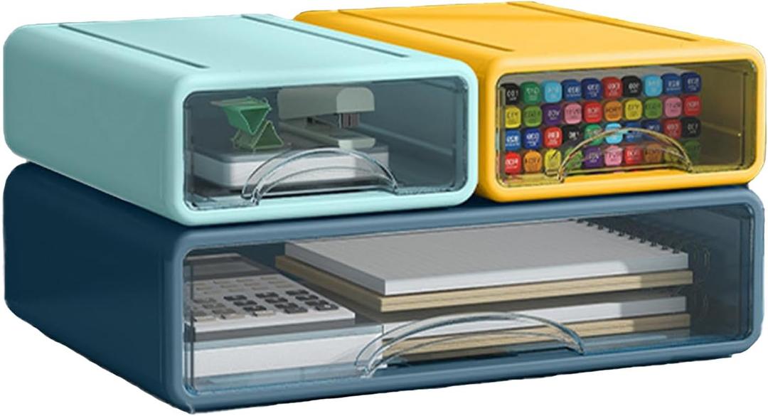 Desk Organizer with Drawers, Stackable Storage Drawers with Compartments Desktop Organization for Office Supplies, Makeup, Pencils, Tape, Erasers, Paperclips, Chargers (2S1M)