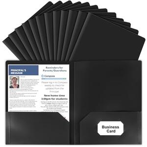 HABGP12 Pack Black File Folders with Pockets and Business Card Slot, Letter Size Plastic 2 Pocket Folders for Documents, Office Filing Cabinet Folders, School Supplies for College Students, Pack of 3