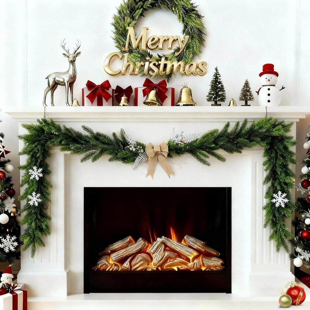 Giegxin 5.9FT Christmas Garland Realistic Norfolk Pine Garland with Leaves Balls and Berries Artificial Faux Greenery Decor for Mantel Fireplace Table Staircase Indoor Outdoor Decoration (Gold Bow)