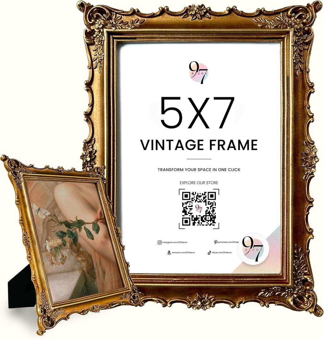 97 Decor 5x7 Antique Picture Frame - Gold Vintage Picture Frames 5x7, Ornate Frames 5 X 7 With Glass Front For Tabletop Photo Display And Wall Hanging, Victorian Poster Frame 5 By 7 (Royal Rectangle)