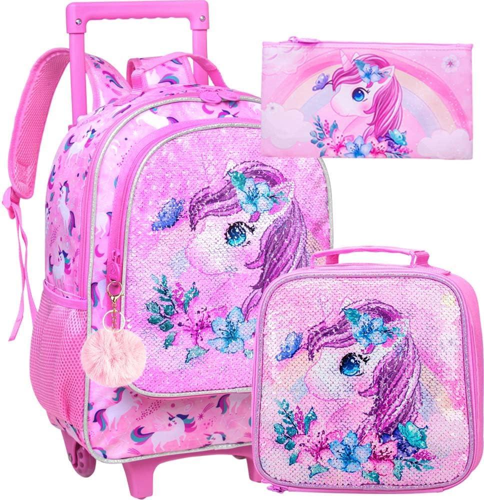 3PCS Rolling Backpack for Girls Kids Unicorn Wheeled Bookbag