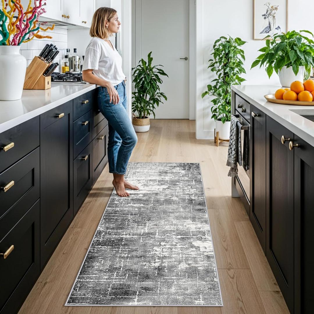 2x6 Abstract Kitchen Runner Rug - Washable Non-Slip Hallway Bedroom Carpet Low Pile Laundry Entryway Rugs with Non Slip Rubber Backing Modern Home Decor Mat for Dining Room Bathroom (2x6 Black/Grey)