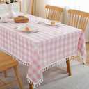 JIALE Gingham Tablecloth Rectangle Cotton Linen Fabric Checkered Table Cloth with Tassel Washable Wrinkle Free Buffalo Plaid Table Cover for Birthday Party Picnic Outdoor, Pink, 55x75