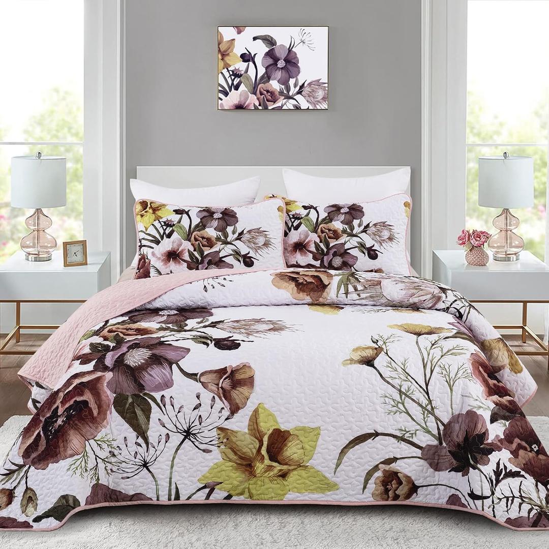Floral Quilt Set King 3 Pieces Boho Blush Quilt Coverlet Set Soft Microfiber Lightweight Colorful Floral Quilted Bedspread for All Season 104"x90"