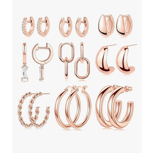 Inerney Pair of 9 Chunky Gold Hoop Earrings Set for Women Trendy Sterling Silver Dangle Studs Dainty Cute Small Huggie Hoops 14K Plated Hypoallergenic Cartilage Earings Womens Prom Fashion Jewelry Gift