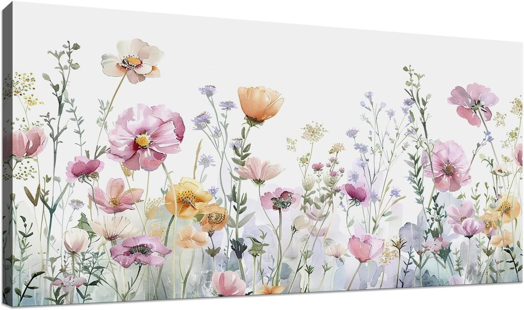 Tucai Decor Floral Wall Art Decor Pink Yellow Purple Flowers Painting Canvas Art for Living Room Bedroom Office Watercolor wildflowers Art Prints 20 x 40 inches Ready to Hang