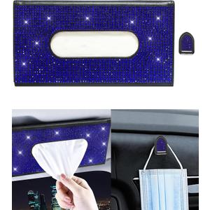 Bling Car Sun Visor Tissue Box Holder,PU Leather with Bling Crystal Rhinestones Tissue Holder,Car Accessories for Women (Blue)