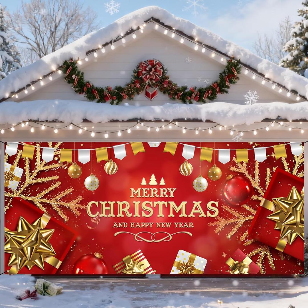 7x16 ft Christmas Garage Door Cover, Christmas Garage Door Decorations, Large Garage Door Cover, Holiday Backdrop Xmas Double 2 Car Garage Door Wall Celebrations for Outdoor Indoor (Red Gold)