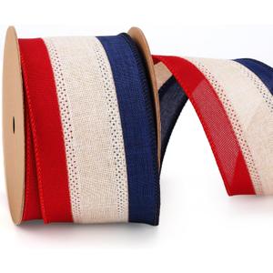 LaRibbons Patriotic Ribbon Wired 2.5 Inch x 10 Yards, Vintage Red White Blue Stripe Burlap Ribbon for 4th of July, Independence Day, 250th Anniversary Wreath Decor