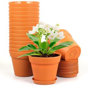 4 inch Small Plastic Nursery Pots, 16 Pack Plant Pots for Indoor Outdoor Plants, Flower Pots with Drainage Holes and Saucers, Decorative Seedling Starter Planters for House Plants, Terracotta
