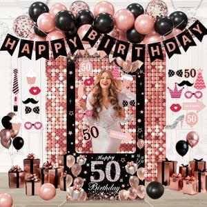 Black Pink Birthday Decorations for Women,Photo Booth Props for girl, Banner, Balloons,Party supplies (50th)