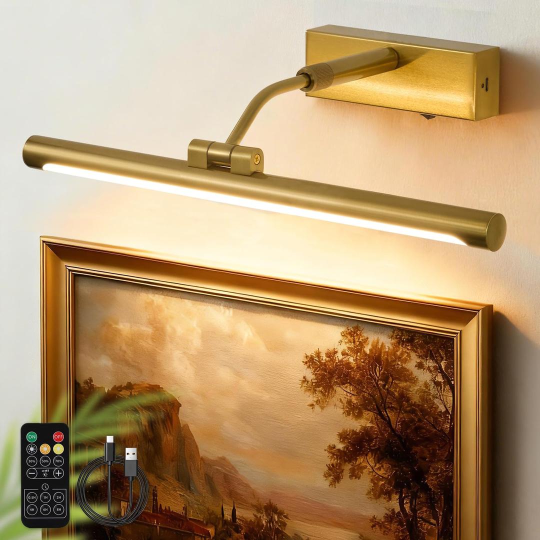 Picture Lights for Wall Battery Operated,16 Inch Wireless Rechargeable Art Lights for Pictures,3CCT Dimmable Retractable Painting Light with Remote & Timer,Glare-Free for Gallery Light,Gold