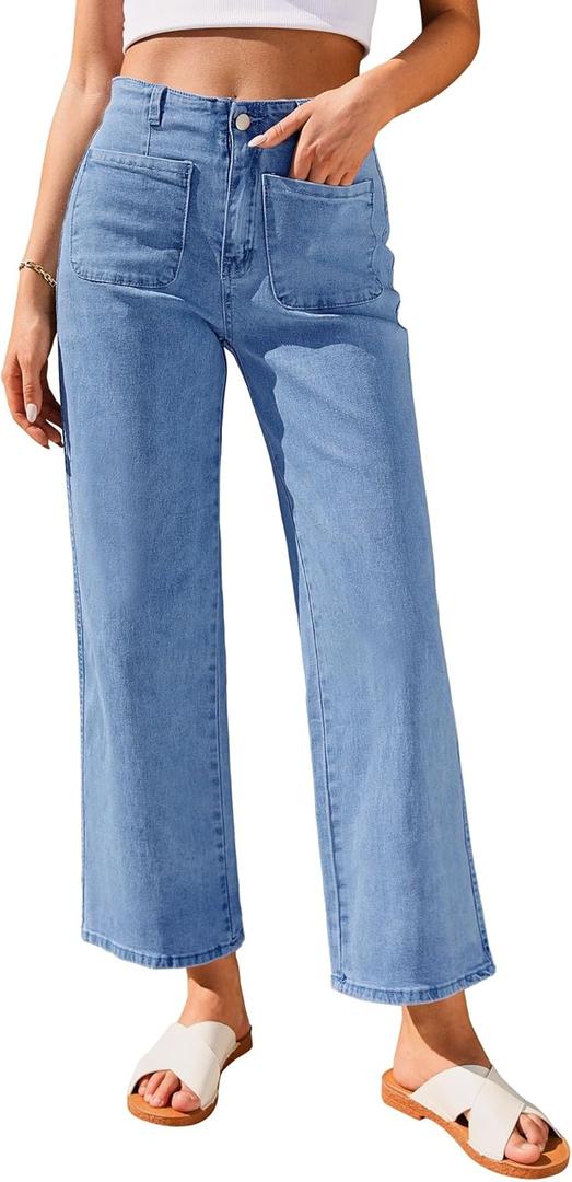 GRAPENT Wide Leg Jeans for Women High Waisted Straight Leg Stretchy Cropped Denim Pants with Pockets Jean Trousers (Small, Medium Blue)