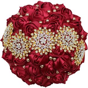 Dark Red Bridal Wedding Bouquet with Gold Rhinestone Pearl for Quinceanera Bride Bridesmaid Satin Rose Flower Brooch Bouquet Wedding Dark Red 9.5in
