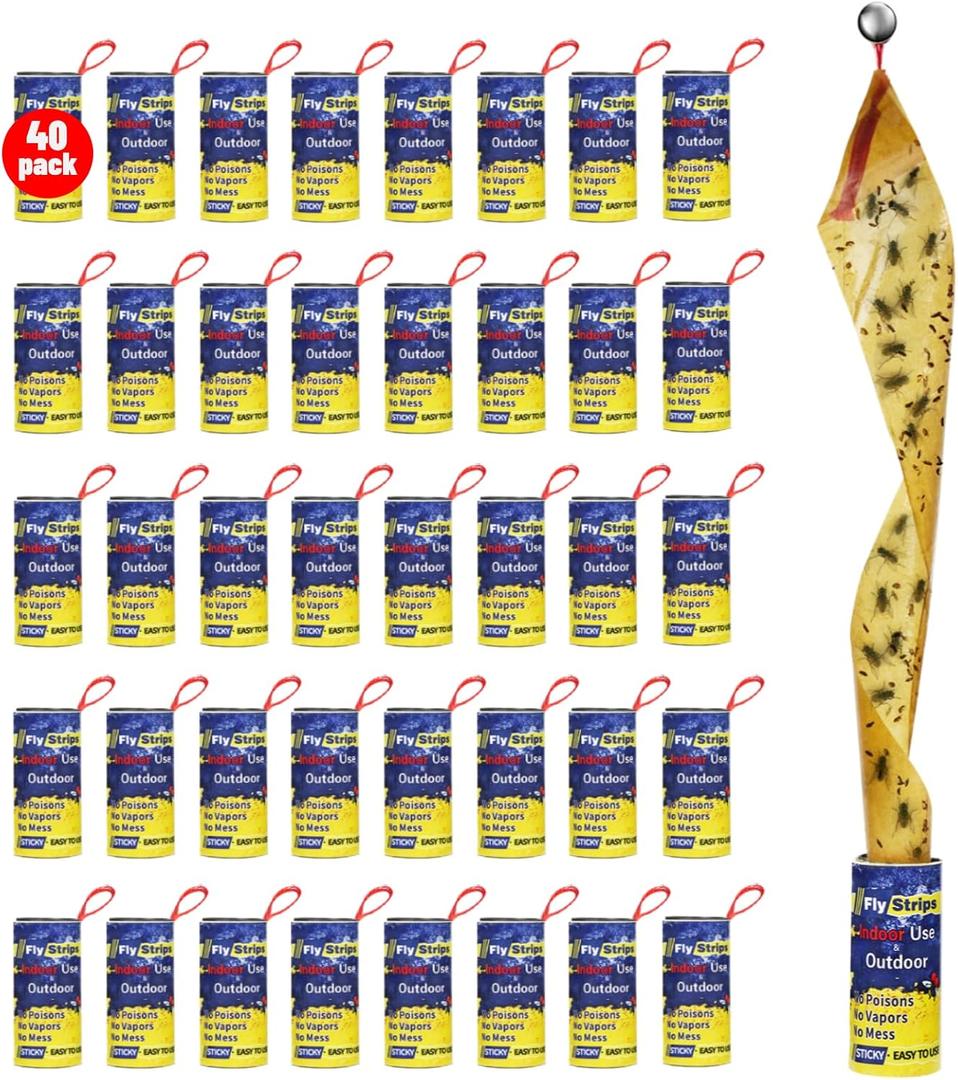 40 Pack Fly Traps Strips Indoor Outdoor, Flies Paper Sticky Hanging with Pins, Fruit Fly Tape Ribbon Roll for Home, Bug & Gnat Catchers for Inside, House Fly Killer for Winged Insect, Mosquito