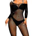 Women Fishnet Bodystocking Attached Stockings Sexy Lingerie Crotchless Bodysuit One Piece Babydoll One Size Black