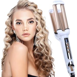 Crimper Hair Iron, Ceramic Hair Crimper Hair Waver 3 Barrel Curling Iron 0.6 inch / 16mm Perm Instant Curls,Hair Crimper and Wavers, Valentines Mothers Day Gifts for Women (Champagne)
