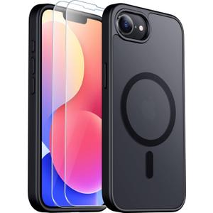 SPIDERCASE Designed for iPhone 16e Case, Magnetic Translucent Matte Case with 2PCS Tempered Glass Screen Protector Slim Phone Case for iPhone 16E 6.1'', Black