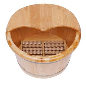 9.84in Tall Wood Foot Soaking Tub with Lid and Massage Roller, Pedicure Bowl for Feet, Portable Traditional Wood Foot Bath Basin for Massage Relaxing, Fatigue Relief