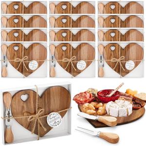 Patelai 12 Set Bridal Baby Shower Favor Heart Cheese Board with Knife, Wood Mini Charcuterie Board Thank You Gift Box for Guest Bridal Baby Shower Prize Wedding Valentines Birthday (Acacia Color)