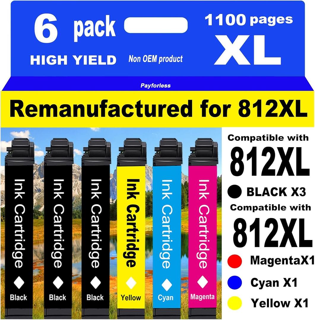 PayForLess for 812XL Remanufactured for Epson 812XL Ink cartridges Combo Pack 812 XL for Workforce Pro WF-7840 WF-7820 WF-7310 EC-C7000 Printer 3 Black 1 Cyan 1 Magenta 1 Yellow 6 Pack