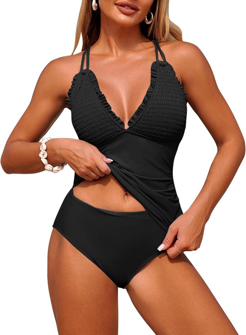 ZAFUL Womens Tankini Swimsuits Smocked 2 Piece Bathing Suits Modest Tie Back Swimwear (Black, S)