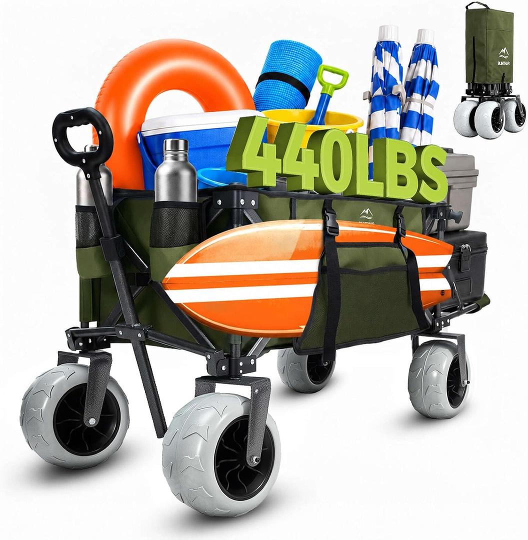 Beach Wagon with Extended Tailgate, 9" Big Sand-Proof Wheels, Heavy Duty 440lbs Folding Wagon Cart, 41" Utility Wagon with Side Bag, Adjustable Handle for Sand, Outdoor