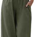 Faleave Women's Cotton Linen Summer Palazzo Pants Flowy Wide Leg Beach Trousers with Pockets (Large, Army green)