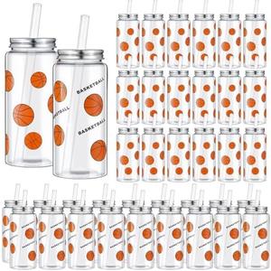 Maxdot 36 Pack 14.2 OZ Basketball Plastic Cups with Lid and Straw Bulk Basketball Cup with Lid and Straw Clear Reusable Plastic Juice Bottles Tumbler for Sport Themed Party Favors Birthday Team Gifts