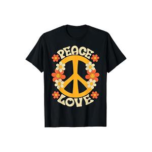 Love 60'S 70'S Party Outfit Groovy Hippie Costume Peace Sign Black Tshirt , Size M