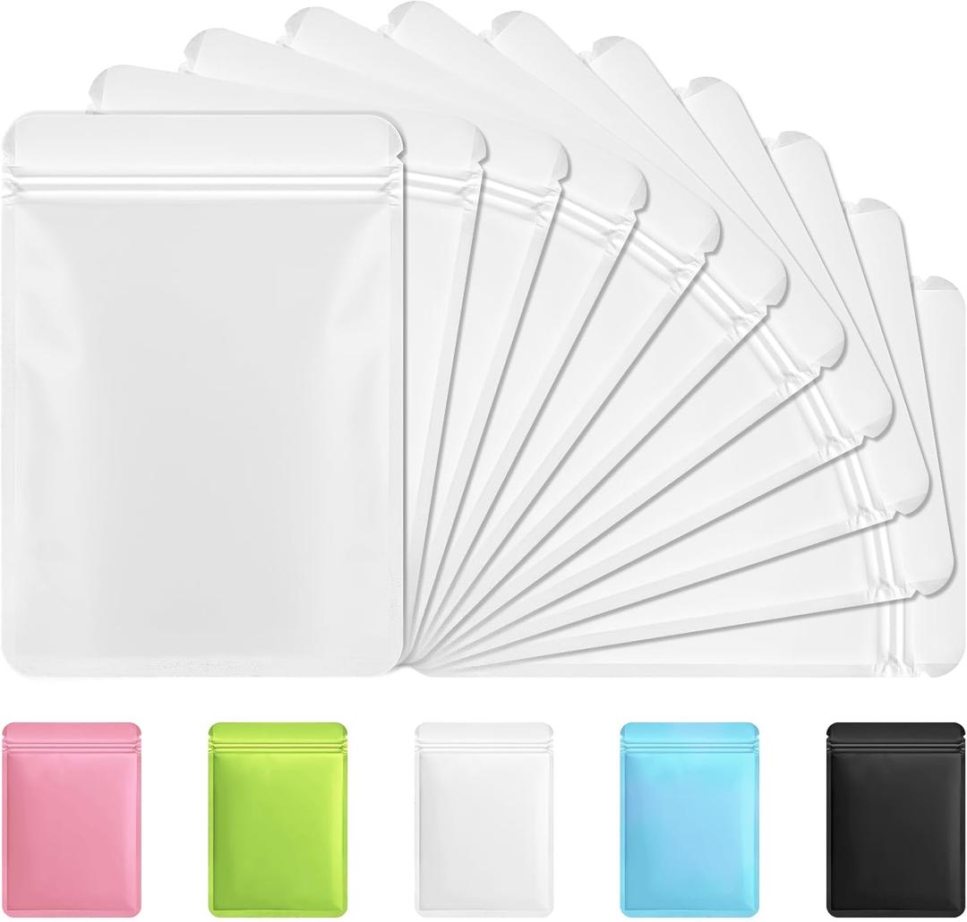 Funfery 100 Pack White Mylar Packaging Bags Resealable Bags Double Sided Color Odor Proof Pouch Baggies Smell Proof Foil Bag for Food Storage,Small Business(White,6.3x9.4inch)