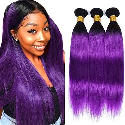 Ombre Purple Straight Bundles Black To Purple Human Hair 3 Bundles Brazilian 100% Unprocessed Virgin Extensions Double Weft Bundle 24 26 28 Inch