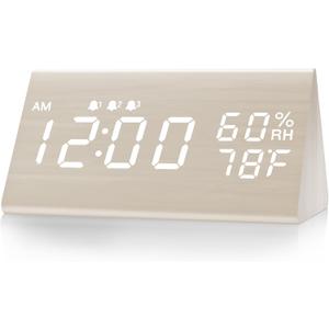JALL Digital Alarm Clock, with Wooden Electronic LED Time Display, 3 Alarm Settings, Humidity & Temperature Detect, Wood Made Electric Clocks for Bedroom, Bedside (White)