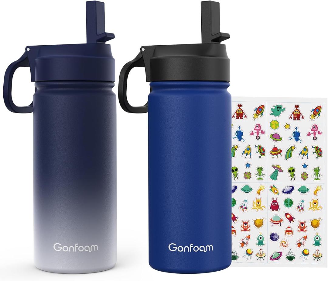 Kids Water Bottle, 2-Pack 16oz Kids Water Bottle with Stickers for School, insulated Stainless Steel Straw Cup(Sapphire+Gray)