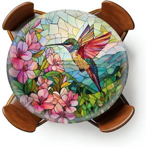 Round Fitted Tablecloth with Elastic Outdoor Tablecloth for 45" - 56" Tables Waterproof Round Table Cover for Indoor Dinner, Picnic, Camping, Yard (Hummingbird) (Hummingbird Flower Art)