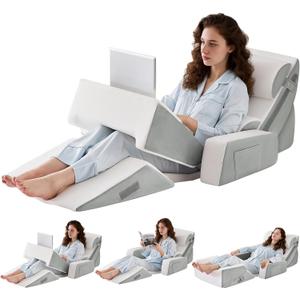 9PCS Wedge Pillow Set for After Surgery Recovery, Adjustable Memory Foam Neck Pillow, Foam Leg Pillow, Relieves Neck, Leg Pain, Sleep Apnea, and Functions as a Reading Pillow, Gray (White Grey)