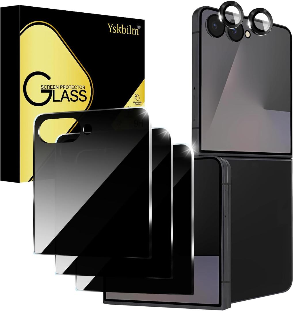 (3+2 Pack) Privacy Screen Protector for Samsung Galaxy Z Flip 7 + Aluminum Metal Circle Camera Lens Protector,Anti-spy,9H Shatterproof, Bubble-Free, Case Friendly for Galaxy Z Flip 7