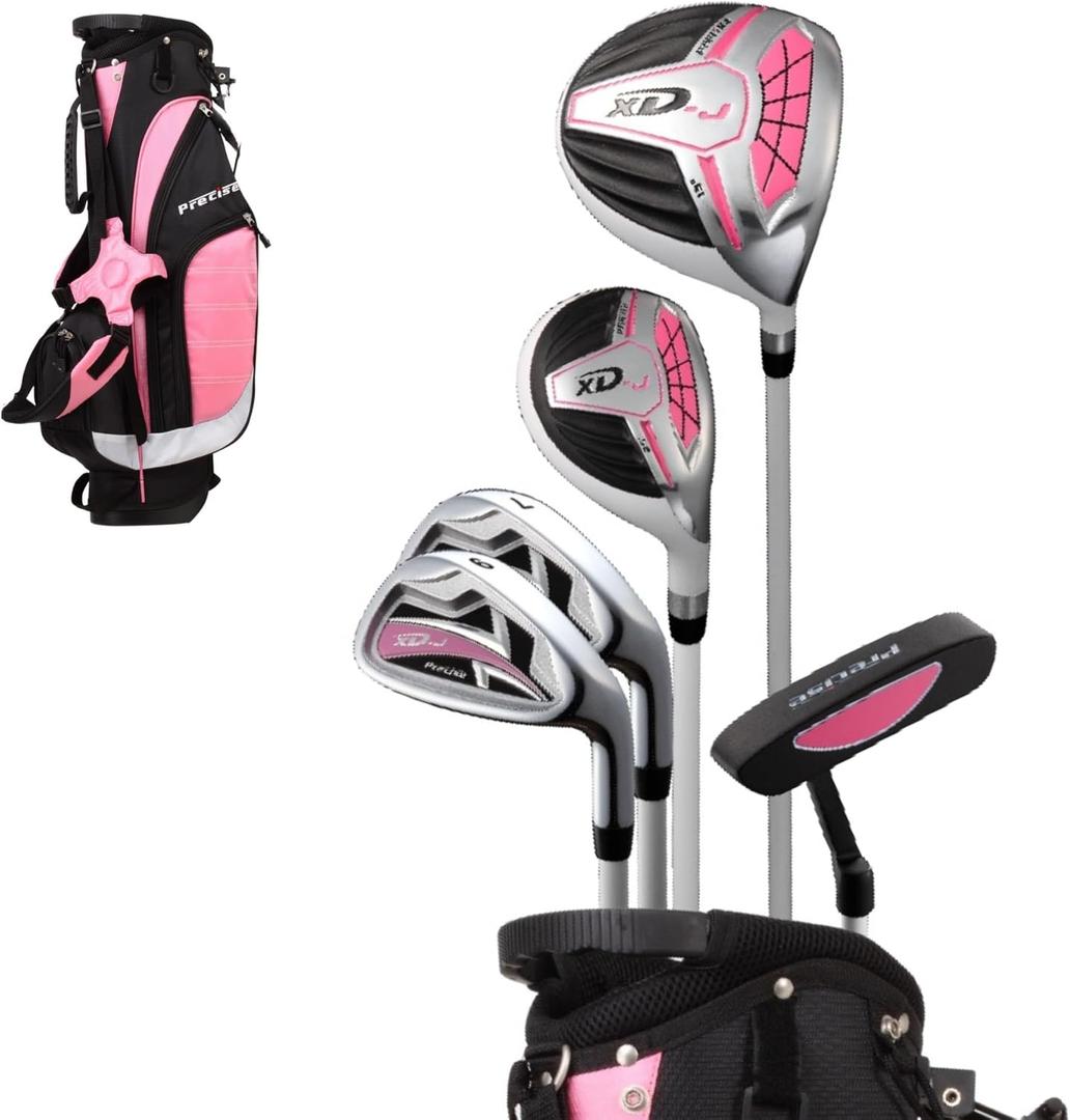 Precise XD-J Kids Golf Clubs Set – Boys’ & Girls’ Junior Golf Set with Lightweight Graphite Shafts, Hybrid, Putter & Stand Bag - Pink Ages 6-8 – Right-Handed