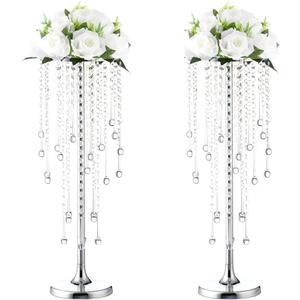 Bigsee 2 Pcs 21.65 inches Crystal Flower Stand Wedding Centerpieces for Tables, Tabletop Gold Metal Flower Arrangement Holder, Bulk Metal Vases for Reception Party Ceremony Decoration (Silver)