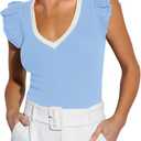 AGSEEM Women Summer Ruffle Tops Sexy Deep V Neck Short Sleeve Shirts Trendy Casual Ribbed Slim Fitted Knit Tees Blouse (Blue, M)