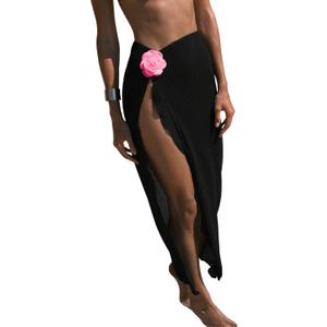 Women's Beach Cover Up Skirt 3D Flower Crochet Out High Split Swimsuit Bathing Suit Beach Skirt (Black, XS)