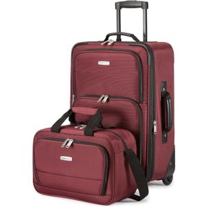 Amazon Basics 2-Piece Softside Luggage Set, 23-Inch Expandable Suitcase with Wheels and 15-Inch Tote, Front Pockets, Telescopic Handle, Burgundy