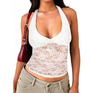 Women's Lace Halter Tops Going Out V Neck Crop Backless Sleeveless Tank Y2k Cute Sexy Shirt Summer Trendy 2026 (White)
