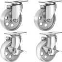 4 All Steel Swivel Plate Caster Wheels w Brake Lock Heavy Duty High-Gauge Steel Gray (4" Combo 2x Swivel with Brake, 2x Swivel)