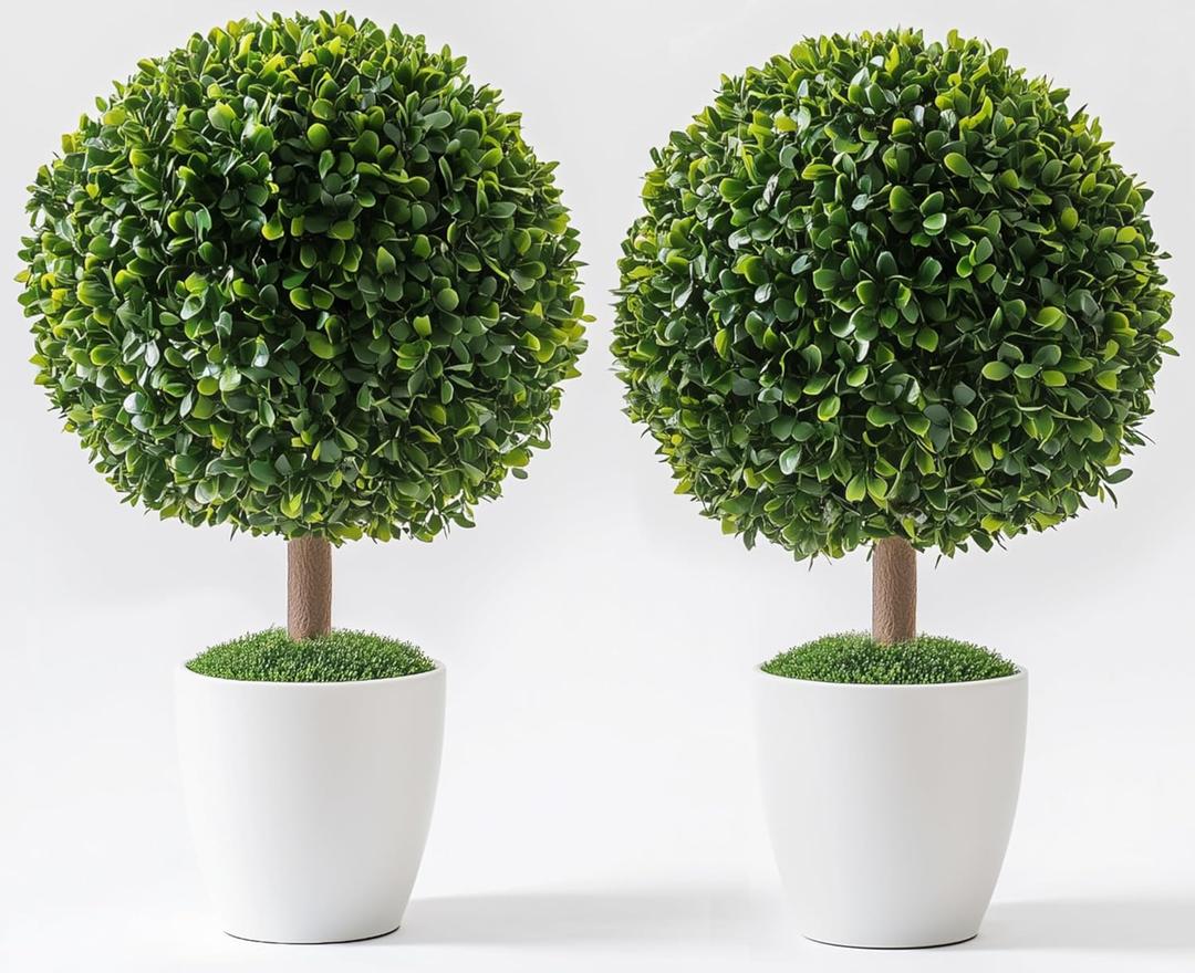 Boxwood Balls 24 High - Topiary Trees Artificial Outdoor Set of 2 - Potted Artificial Trees - Boxwood Tree - Faux Plants Outdoor or Indoor - Topiary Ball for Front Porch Decor Tree Artificial (Topiary Set of 2)