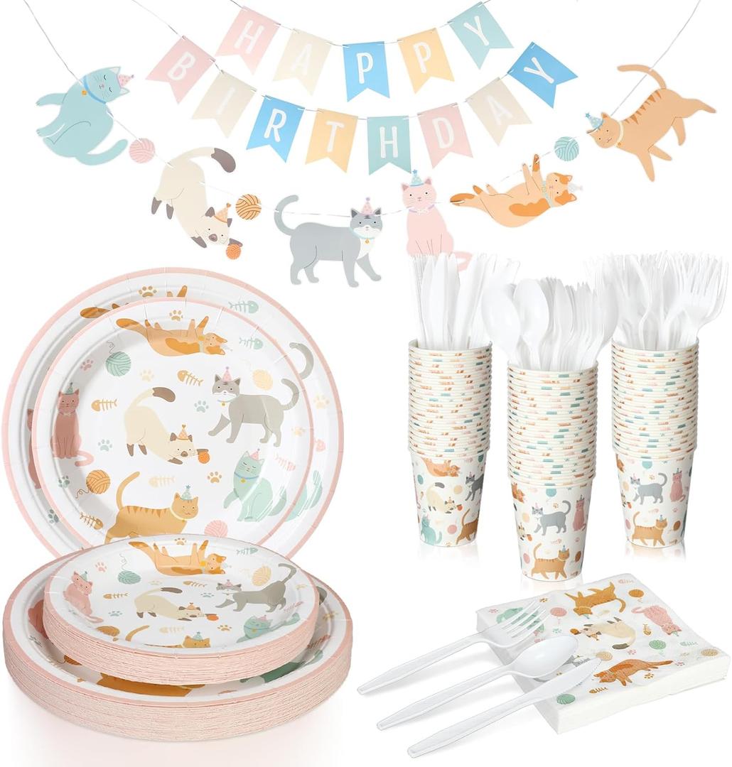 Qinyoung 176 Pcs Cat Birthday Party Supplies Disposable Tableware Set Serves 25 Cute Kitten Themed Paper Plates Napkins Cups Cutlery with Banner for Birthday Decorations