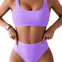 Pink Queen Women's Crop Top High Waisted Cheeky Bikini Set Two Piece Swimsuits (Purple, S)