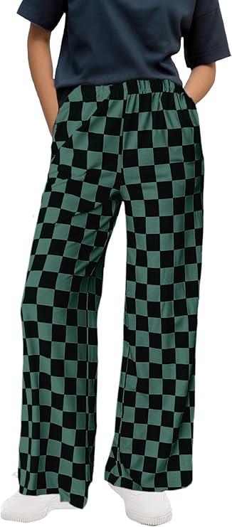 WSPLYSPJY Women's Casual Checkered Pants Elastic Waist Comfy Loose Wide Leg Pants with Pockets, XXL