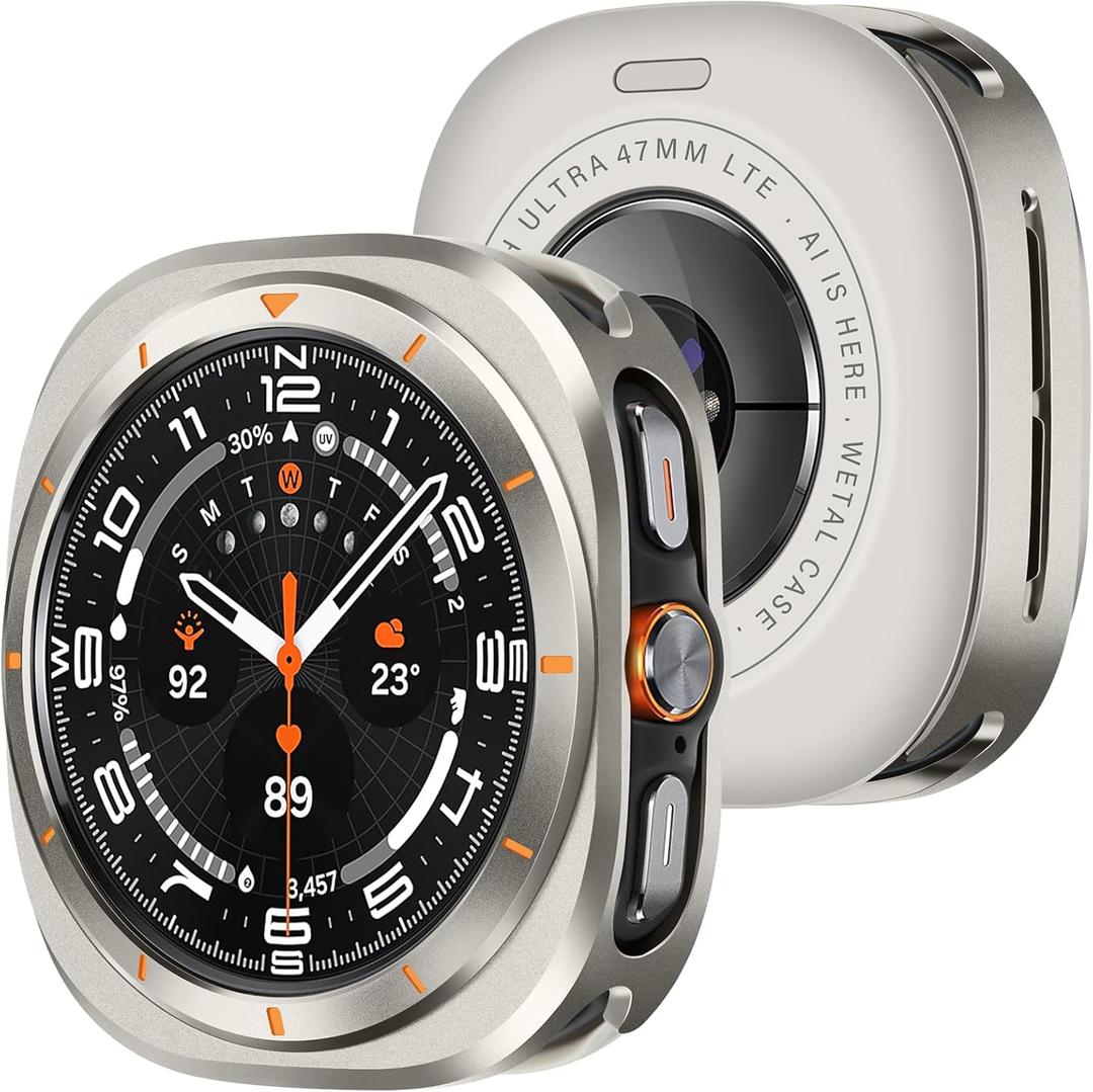 Amizee Rugged Case Compatible with Samsung Galaxy Watch Ultra (2025/2024) 47mm with Back Cover, Metal Bumper Ultra Thin Shockproof Protective Cover for Galaxy Watch 7/8 Ultra, Titanium/Orange