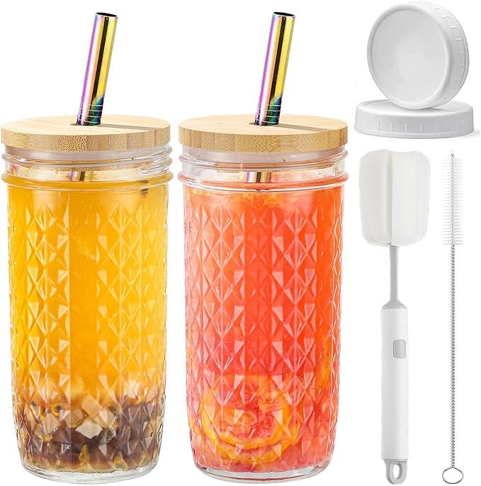 2 Pcs Glass Cups Set - 24oz Mason Jar Drinking Glasses with Bamboo Lids & Straws & 2 Airtight Lids, Cute Reusable Smoothie cup, Iced Coffee Glasses, Travel Tumbler for Bubble Tea, Juice